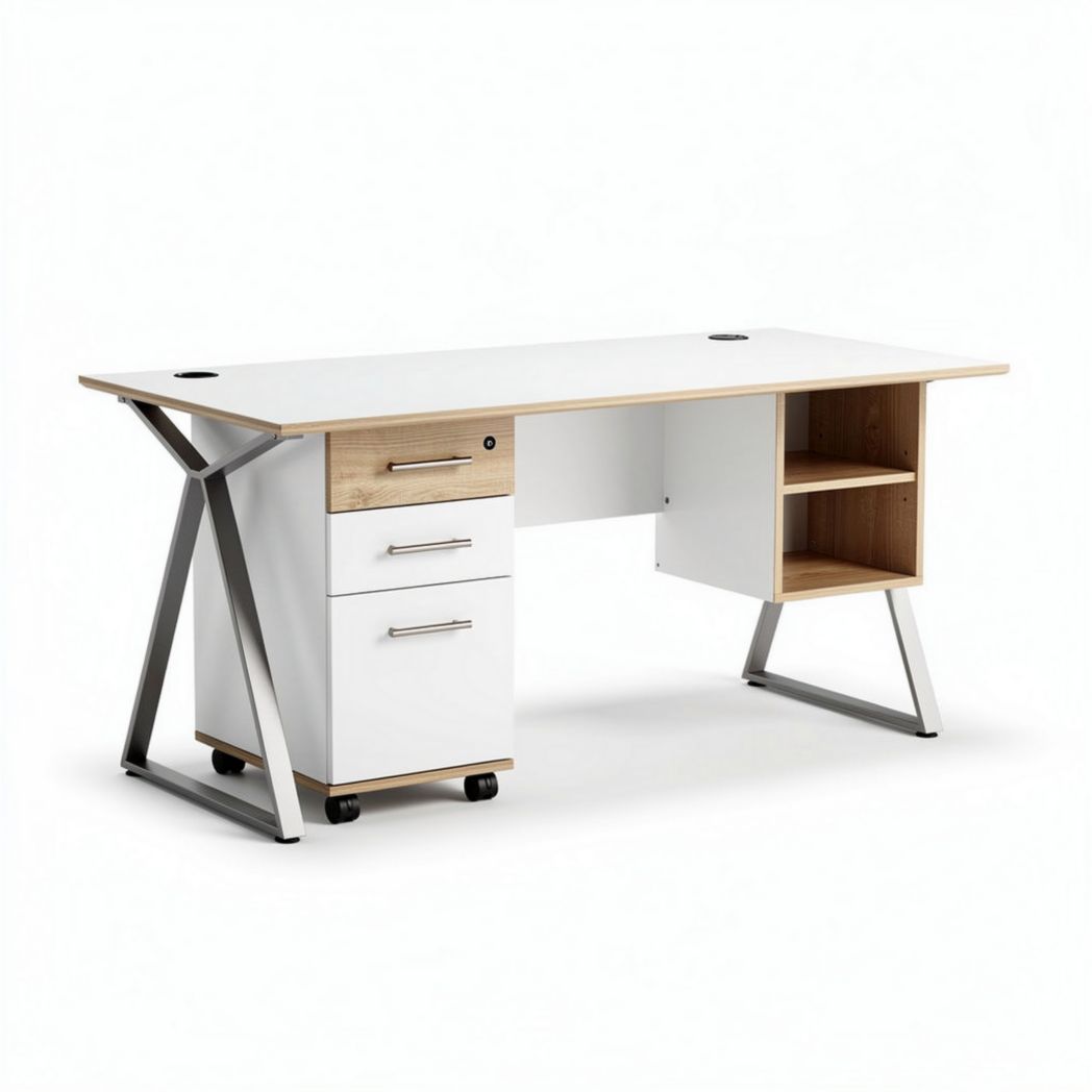 Modern office desk with storage drawer in white and oak finish 150 x 75 x 75cm