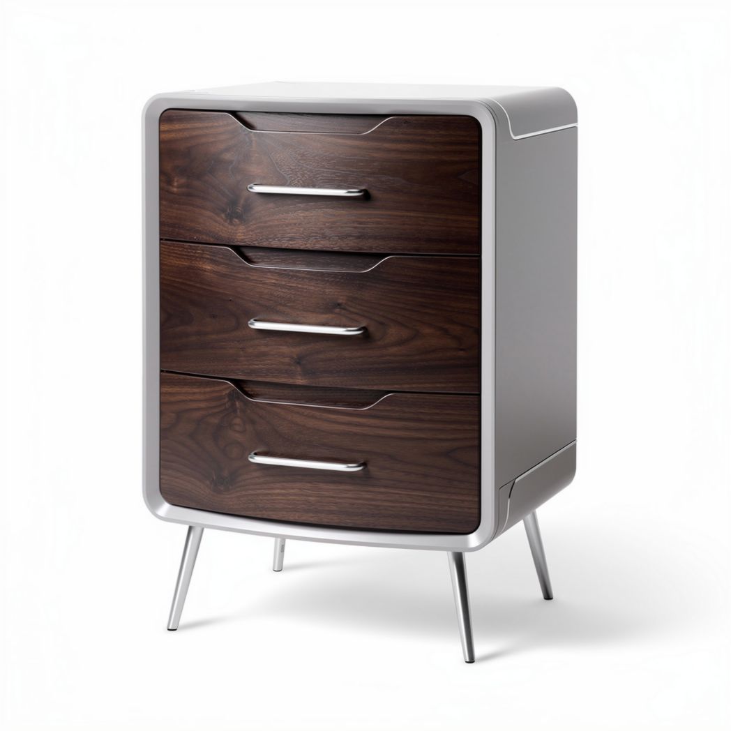 Modern bedside table with three drawers wood and metal construction 40 x 45 x 60cm