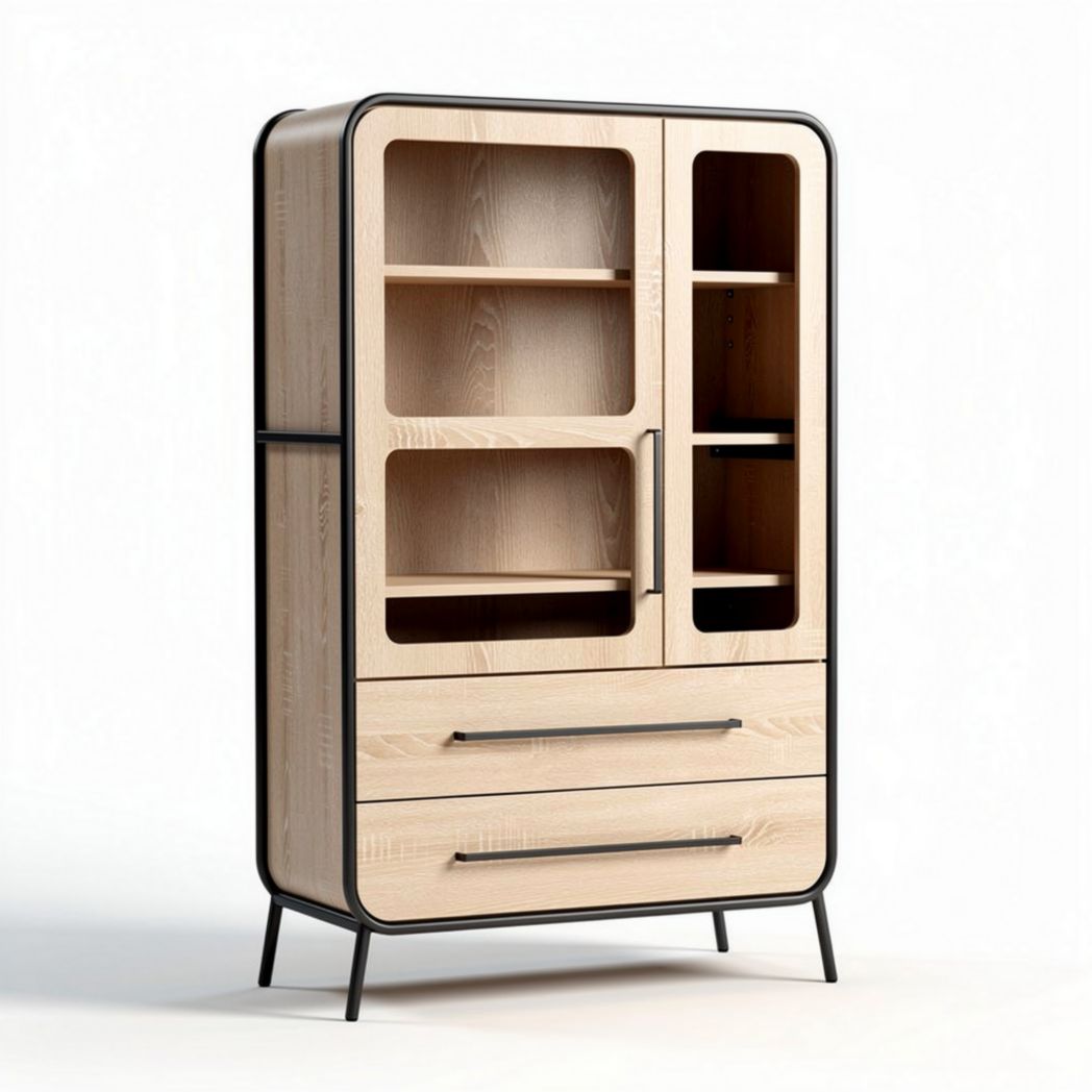 Wooden display cabinet with glass doors and metal frame 150 x 80 x 200cm