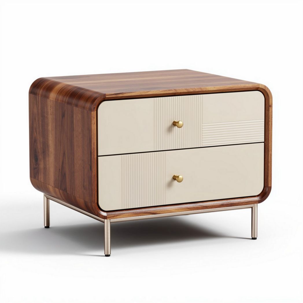 Mid-century modern wooden nightstand with two drawers and gold knobs 50 x 40 x 30cm