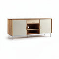 Wooden media console with storage cabinets and metal legs 60 x 16 x 24 inches