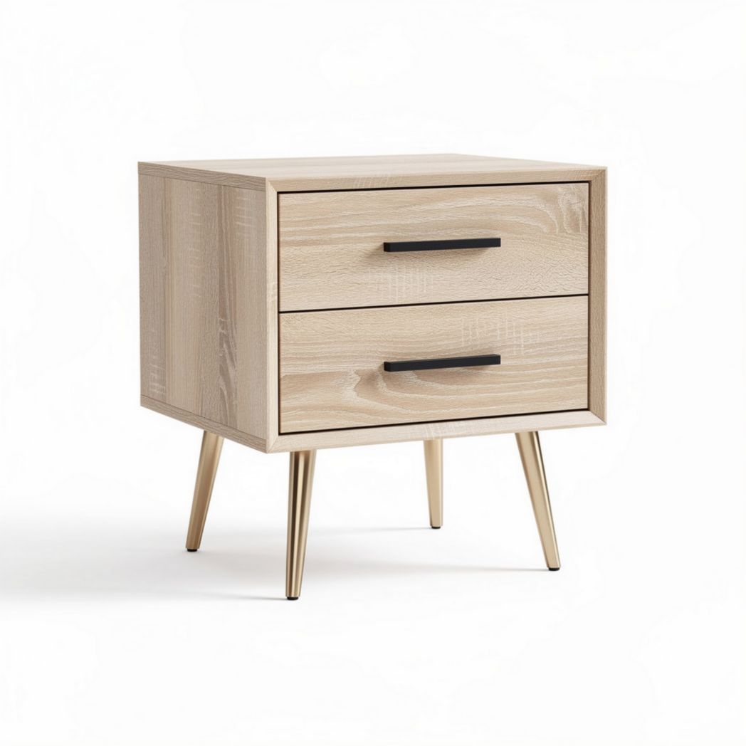 Wood nightstand with two drawers and gold metal legs 45 x 40 x 50cm