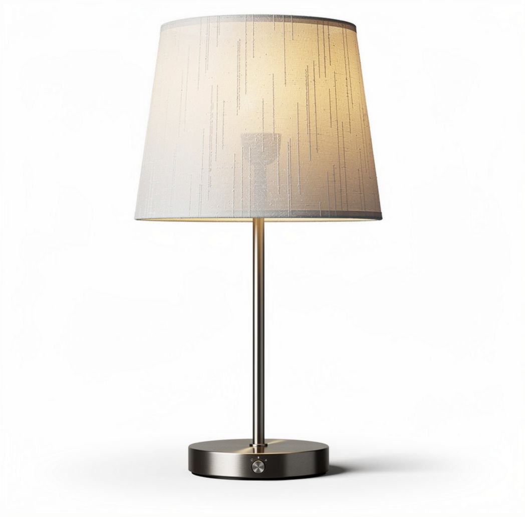 Contemporary table lamp with fabric shade and stainless steel base 25 x 25 x 45cm