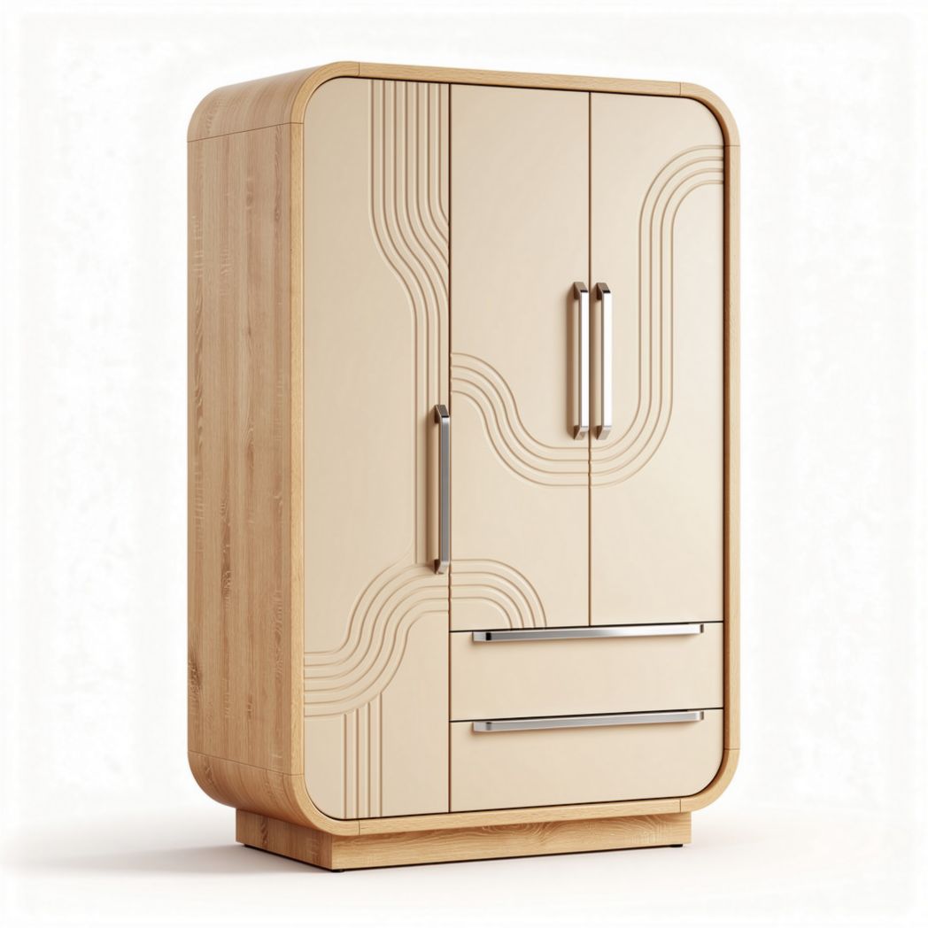 Wooden storage cabinet with curved design and two doors two drawers 80 x 50 x 150cm