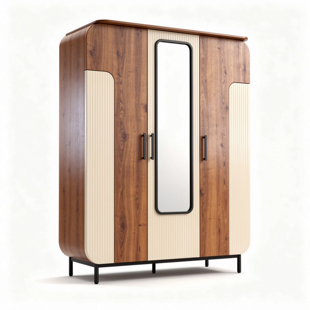 Wooden wardrobe with mirror and metal legs 180 x 100 x 50cm for storage